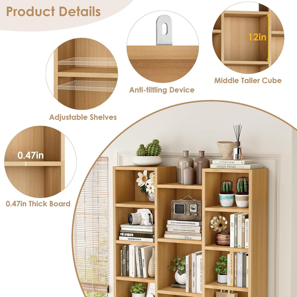 FOTOSOK 71'' Tall Bookshelf with 21 Cubes, 8 Tier Triple Wide Bookshelf with 8 Adjustable Shelves, 35' Wood Bookcase DVD/CD Media Tower Storage, Freestanding Display Shelf Cabinet, Natural