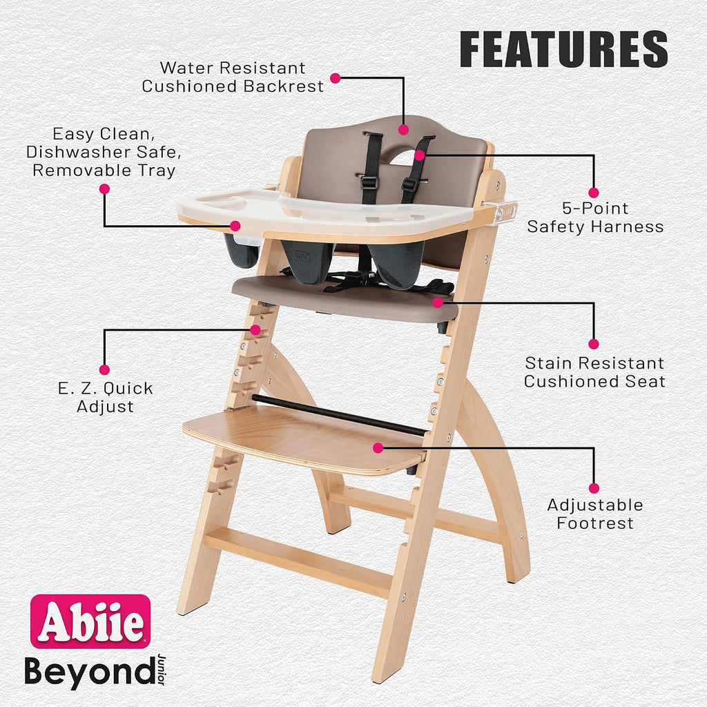 Abiie Beyond Junior Wooden High Chair for Babies and Toddlers - Convertible 3-in-1 Baby Highchair with Removable Tray - 6 Months to 250 Lb - Water Resistant - Natural Wood with Soft Mocha Cushion