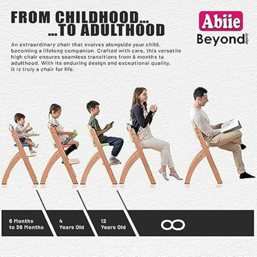Abiie Beyond Junior Wooden High Chair for Babies and Toddlers - Convertible 3-in-1 Baby Highchair with Removable Tray - 6 Months to 250 Lb - Water Resistant - Natural Wood/Blueberry Cushion