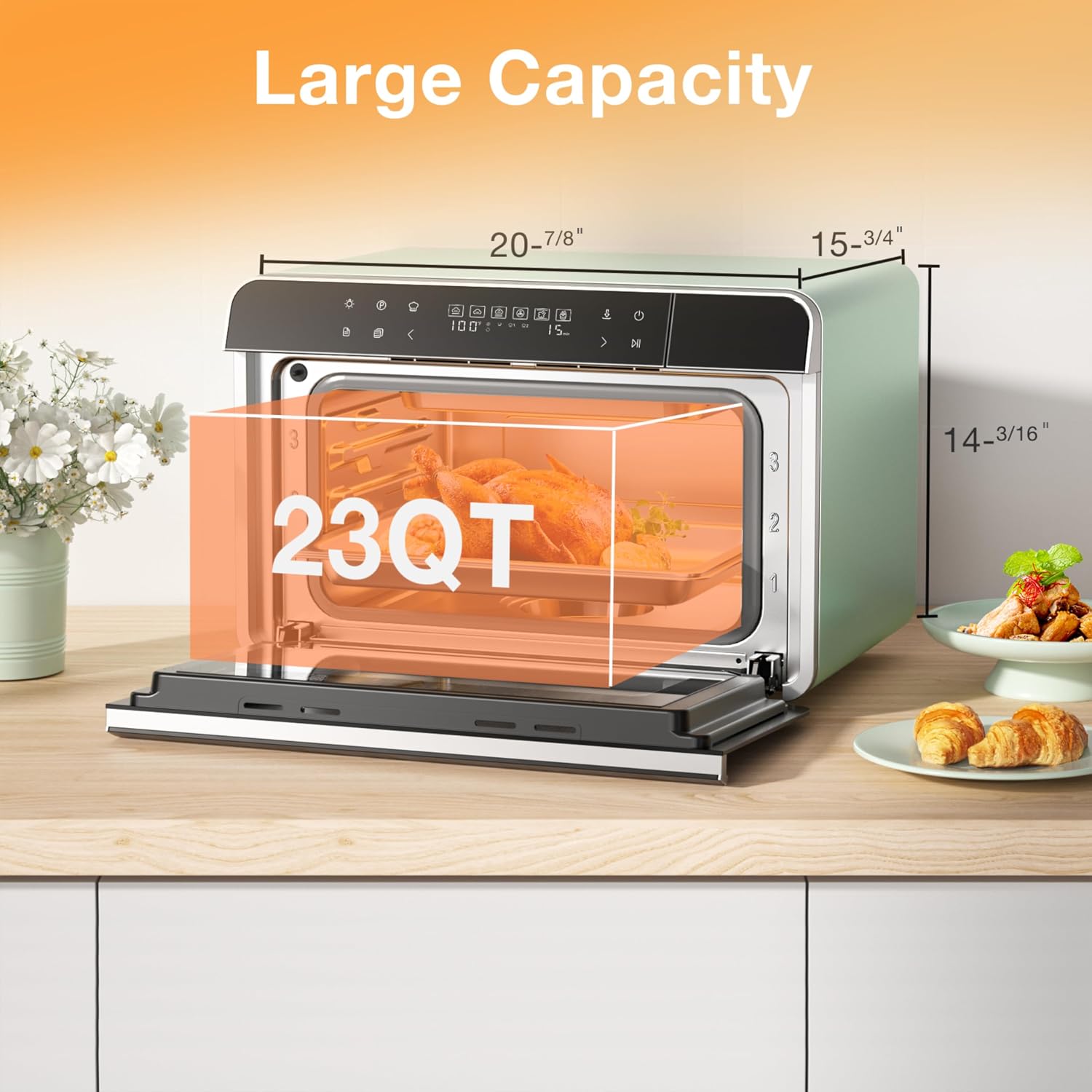 ROBAM Toaster Oven Air Fryer Combo R-BOX Green, 23QT Countertop Convection Steam Oven, Rapid Steam, Bake, Air Fry, Broil, Dehydrate, Defrost, Ferment, Steam Self-Clean, Touchscreen Control