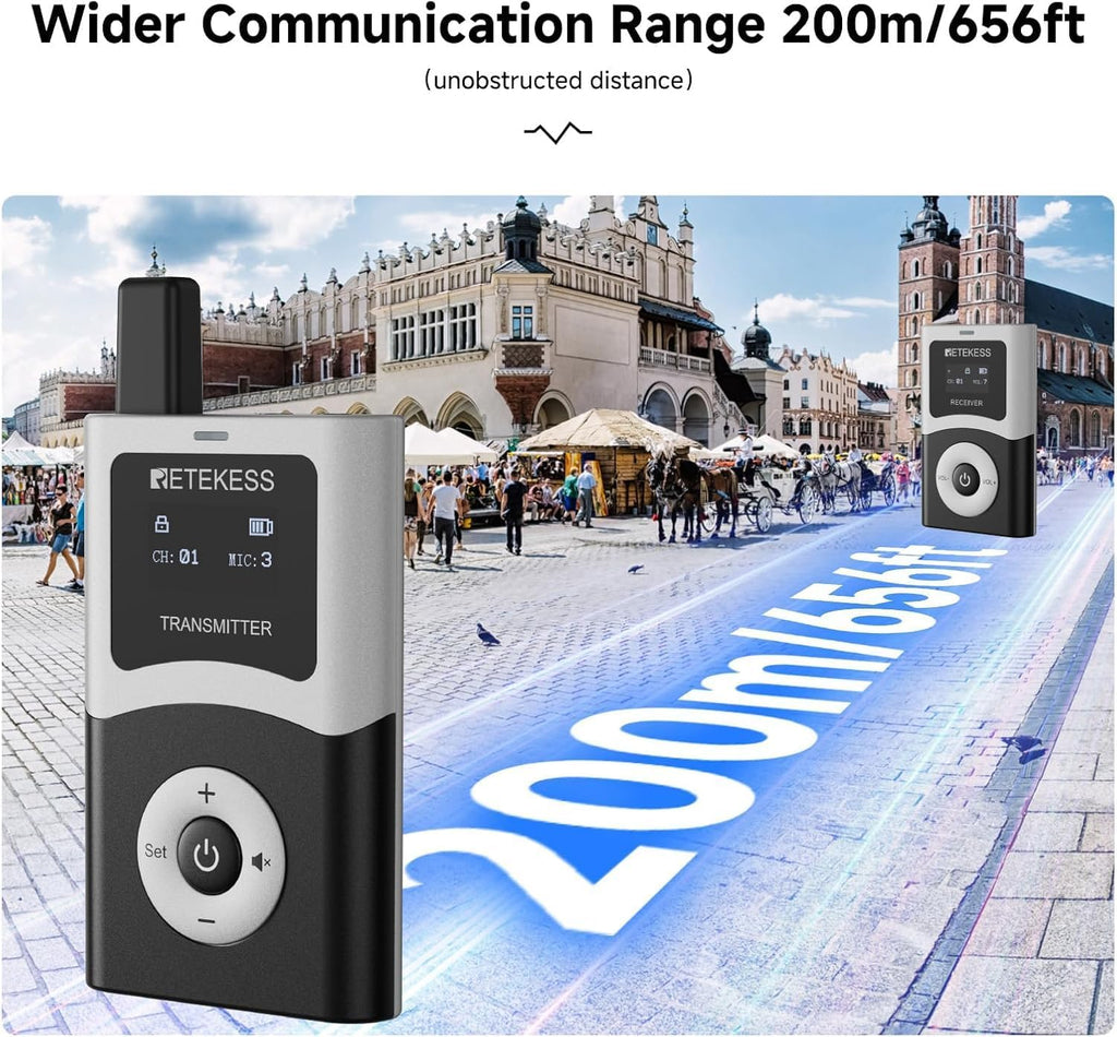 Retekess T130U(4nd Gen T130) Audio Tour Guide System, U-Band Digital Mode, 60-Slot Charge Case, 200m, 40h, Wireless Tour Guide Microphone and Speaker, for Tourist Groups(4 Transmitter 60 Receivers)