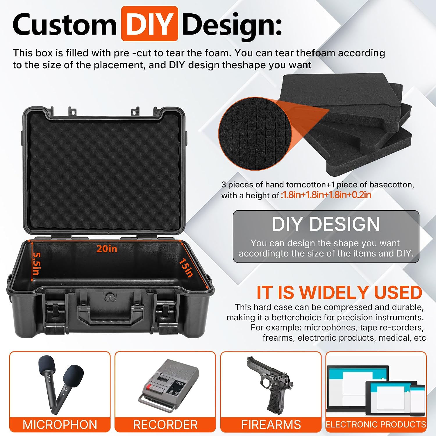 Hard Carrying Case,Shockproof Storage Box with Customizable Foam,Portable Protective Tool Box for Microphone,Recorder,Electronics,Tools,Cameras,Equipment and More, 21.5' x 17.3' x 6'