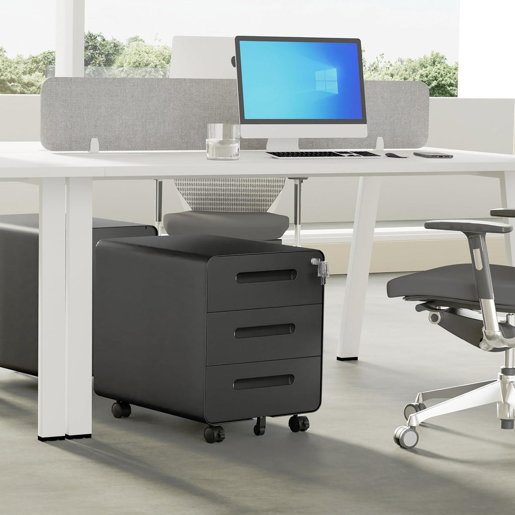 3 Drawer Under Desk Printer Stand with Lock, Mobile Rolling Printer Table for Home Office, Fully Pre-Assembled (Wheels Only to Attach), 4 Keys Included, Black