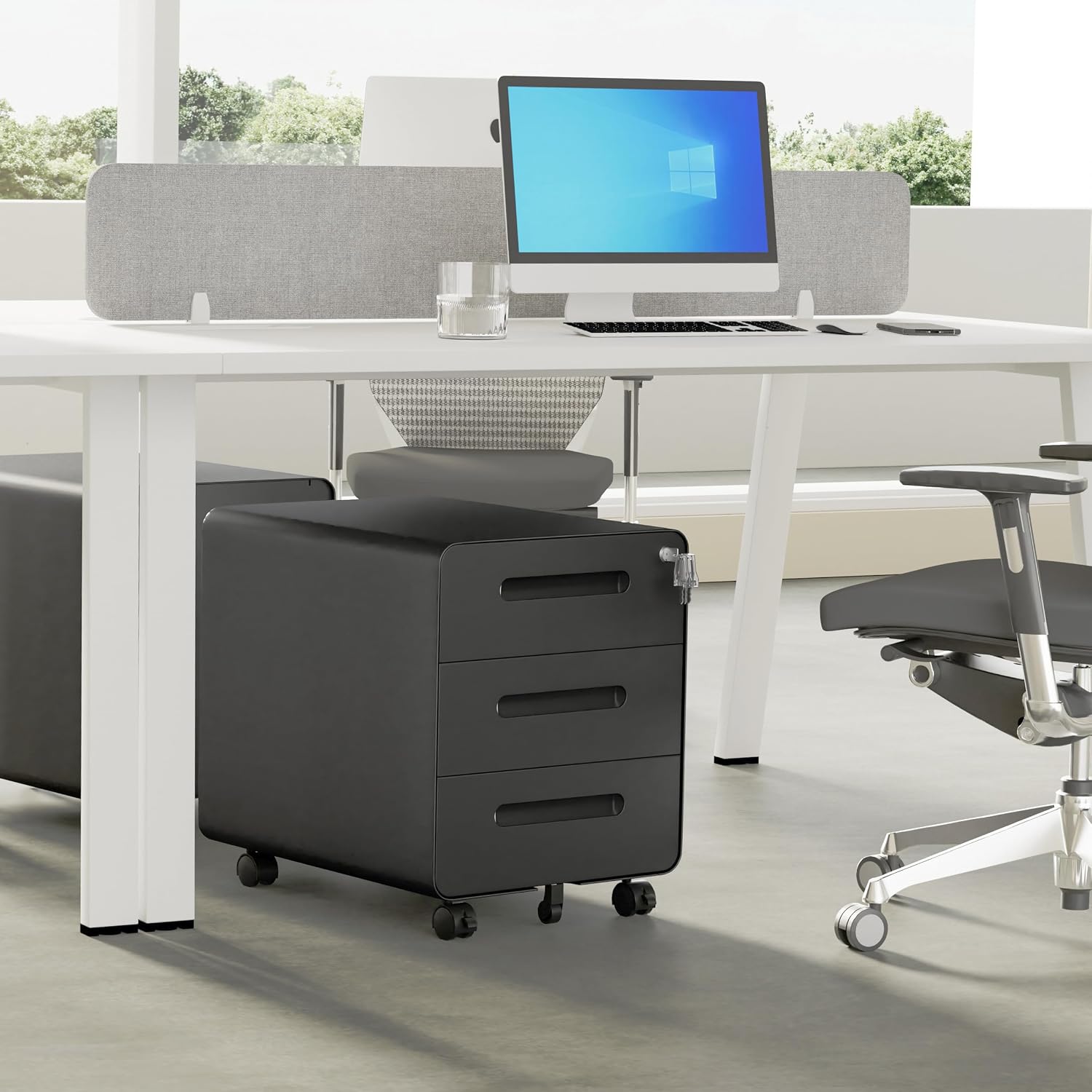 3 Drawer Under Desk Printer Stand with Lock, Mobile Rolling Printer Table for Home Office, Fully Pre-Assembled (Wheels Only to Attach), 4 Keys Included, Black