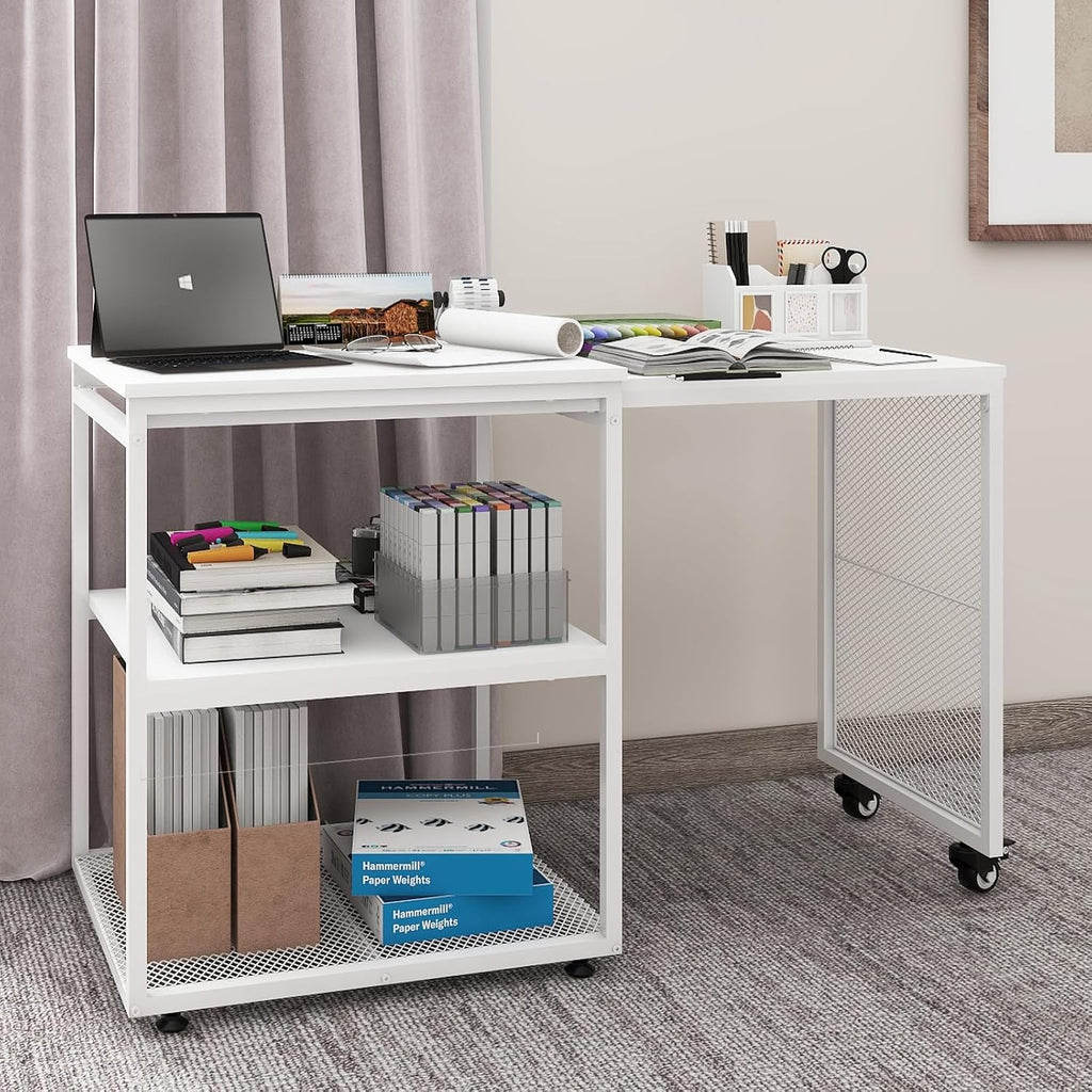 Natwind 24''x20''x29'' Large Printer Stand with Storage Shelves,Extendable Home Craft Table,Home Office Organization Desk, Versatile Table for Home Office, Kitchen, Study Room, Living Room (White)