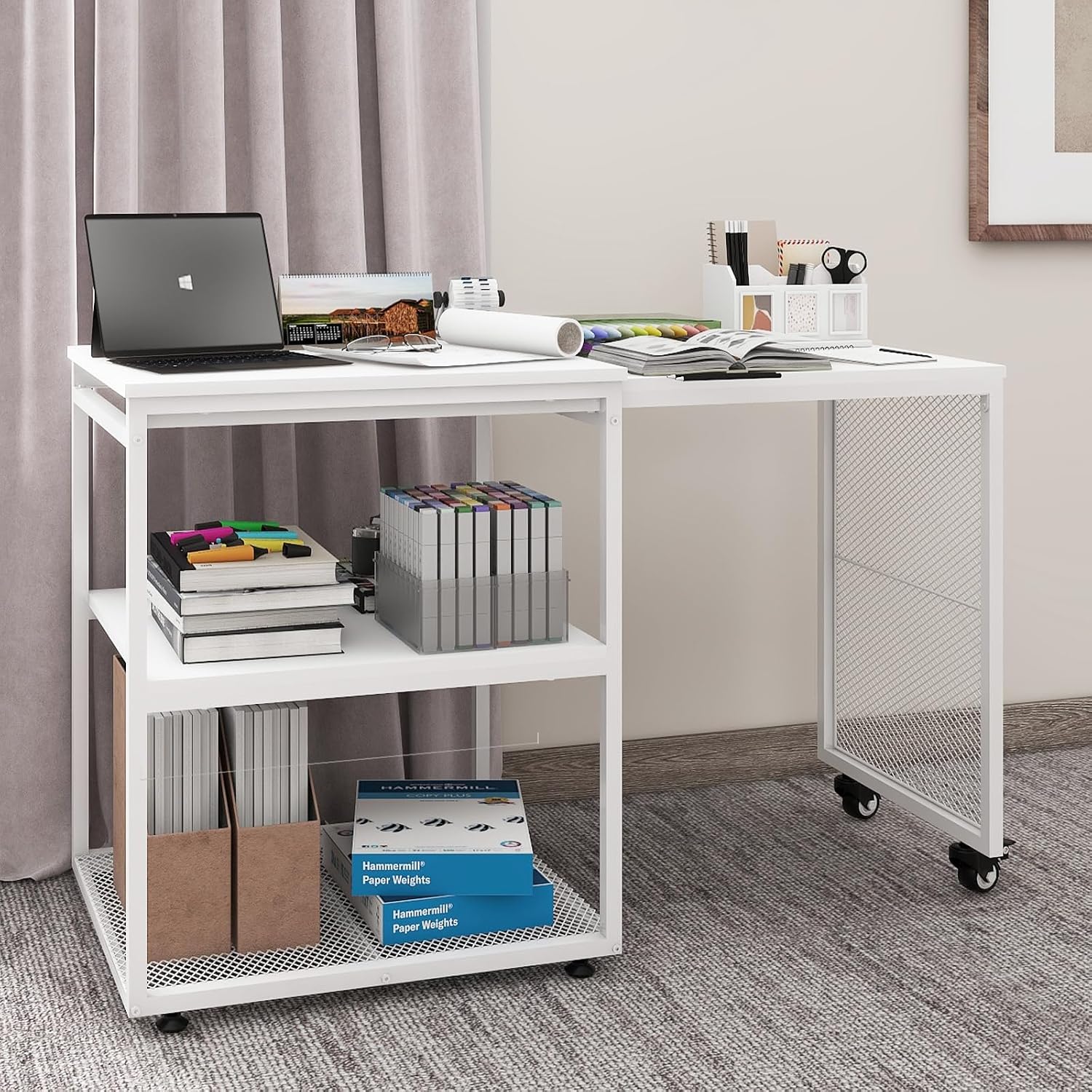 Natwind 24''x20''x29'' Large Printer Stand with Storage Shelves,Extendable Home Craft Table,Home Office Organization Desk, Versatile Table for Home Office, Kitchen, Study Room, Living Room (White)