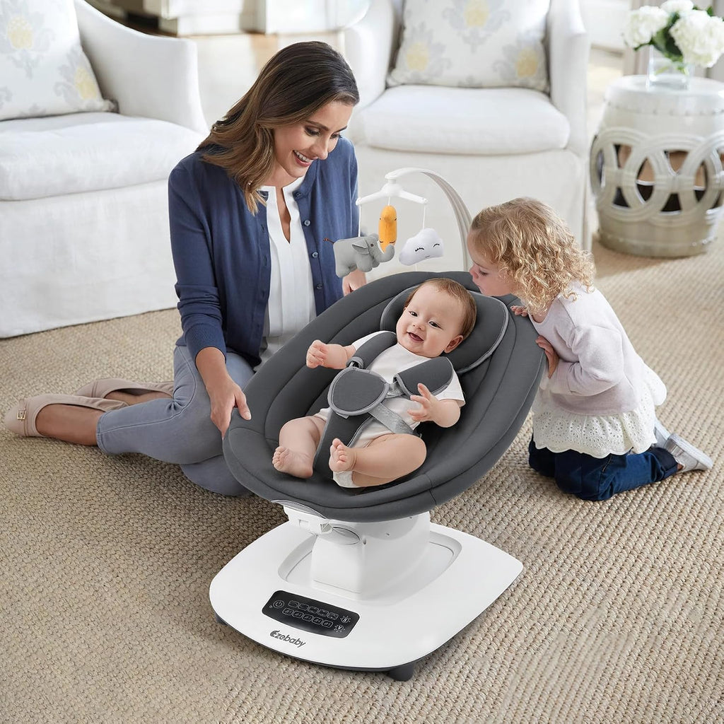 Ezebaby Electric Baby Swing for Infants with 5 Unique Motions, 5 Speeds, Lullabies, Bluetooth Enabled, Smart Baby Swings for Newborn with 5-Point Harness & Remote Control for 0-9 Months, Grey