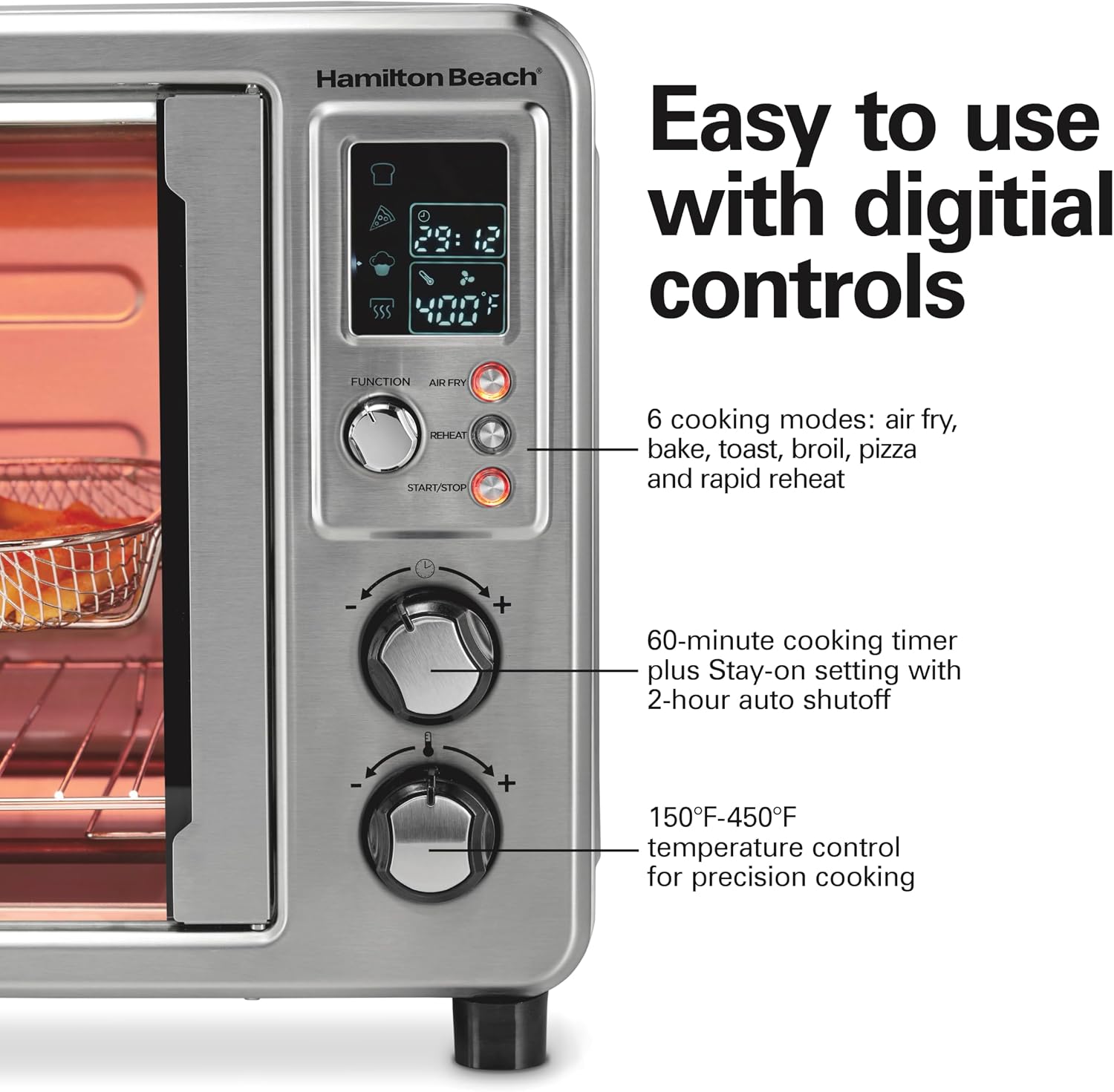 Hamilton Beach Sure Crisp 6-in-1 XL Digital Air Fryer Toaster Oven Combo, With Easy-Access French Doors, Bake, Broil, Toast, Pizza & Reheat Functions, 0.9 cu. ft. Capacity, Stainless Steel (31191)