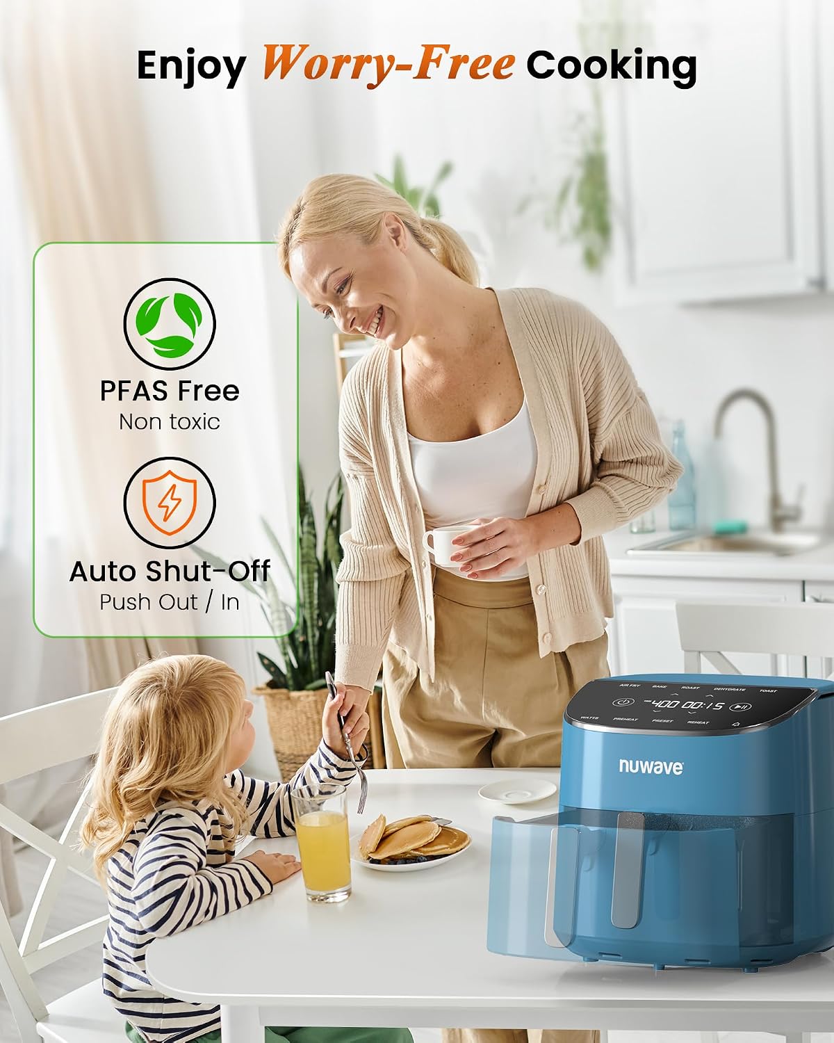 Nuwave Brio Plus Air Fryer 8 Qt, New & Improved, PFAS-FREE, 7 Digital One-Touch Cook Functions that AIR FRY, BAKE, ROAST, DEHYDRATE, TOAST, REHEAT, PREHEAT, 150 Presets, 50°F~400°F (Cozy Blue)