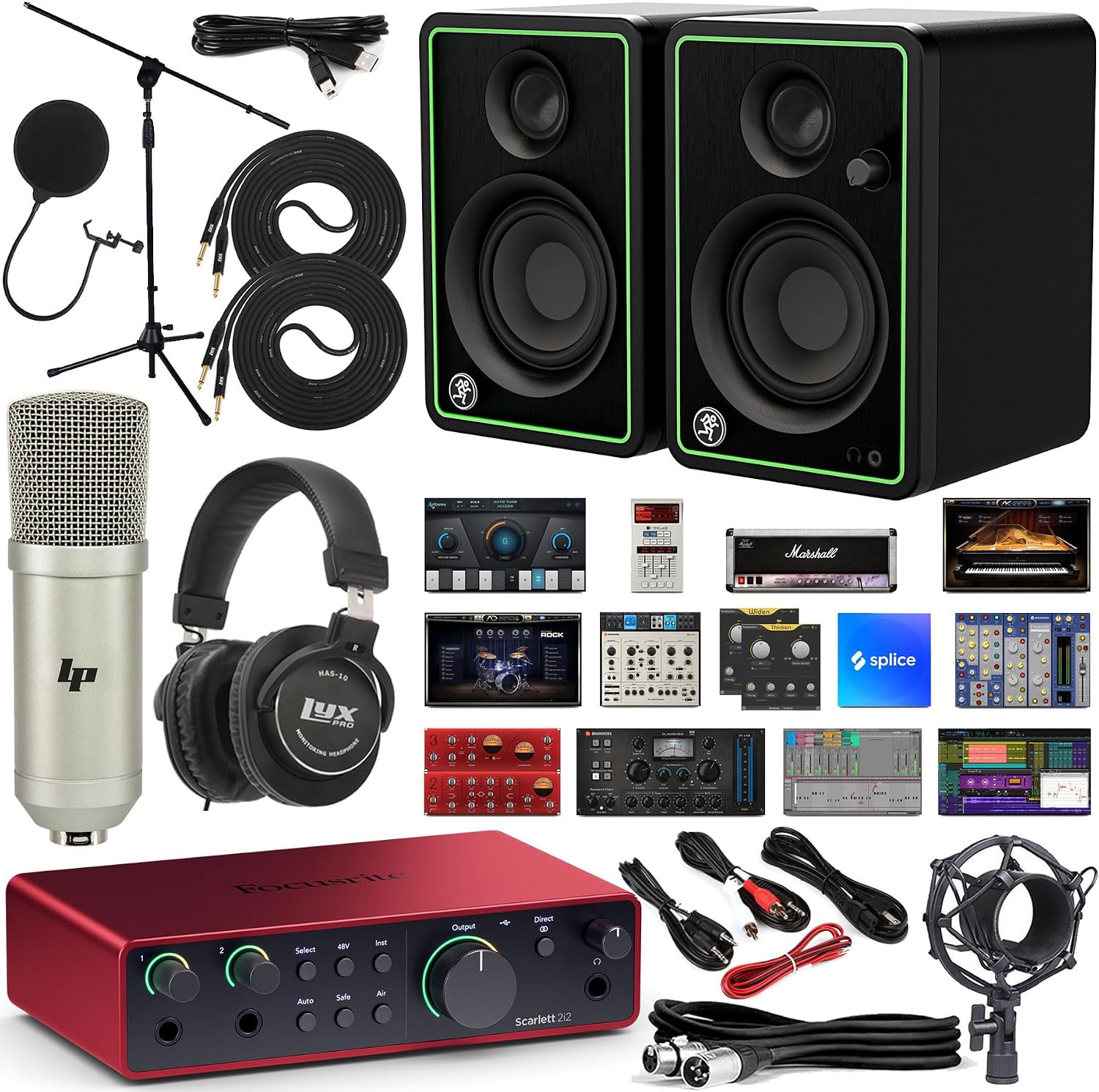 Focusrite Scarlett 2i2 4th Gen USB-C Recording Bundle with Mackie CR4-X 4' Studio Monitors, Condenser Microphone, Boom Stand, Studio Headphones, XLR Cables & Music Production Software