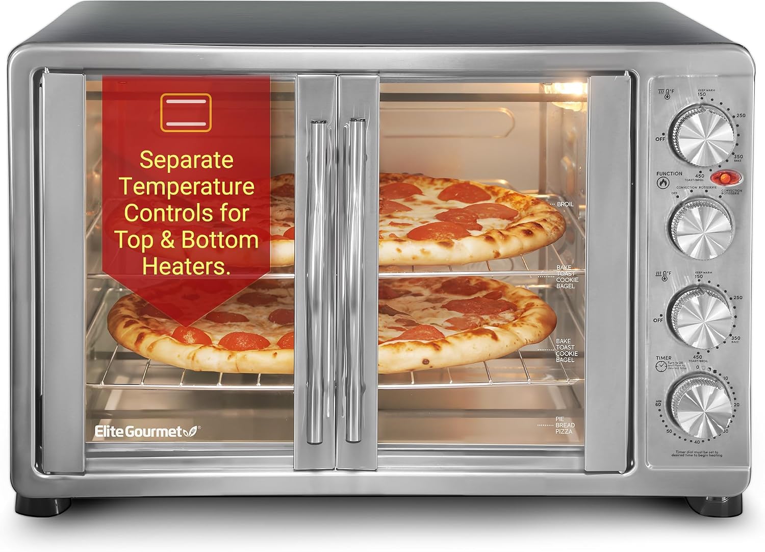 Elite Gourmet ETO-4510M French Door 47.5Qt, 18-Slice Convection Oven 4-Control Knobs, Bake Broil Toast Rotisserie Keep Warm, Includes 2 x 12' Pizza Racks, Stainless Steel