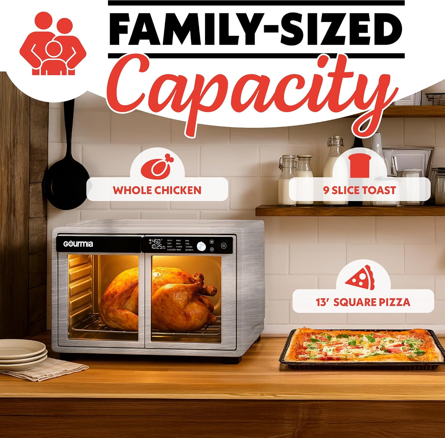 Gourmia French Door Air Fryer Oven - 37 Qt Large Capacity Convection Toaster Oven, FryForce 360°, Digital Display, 12 Cooking Presets, Dehydrate, Fits 13' Pizza, Dishwasher-Safe, Stainless Steel