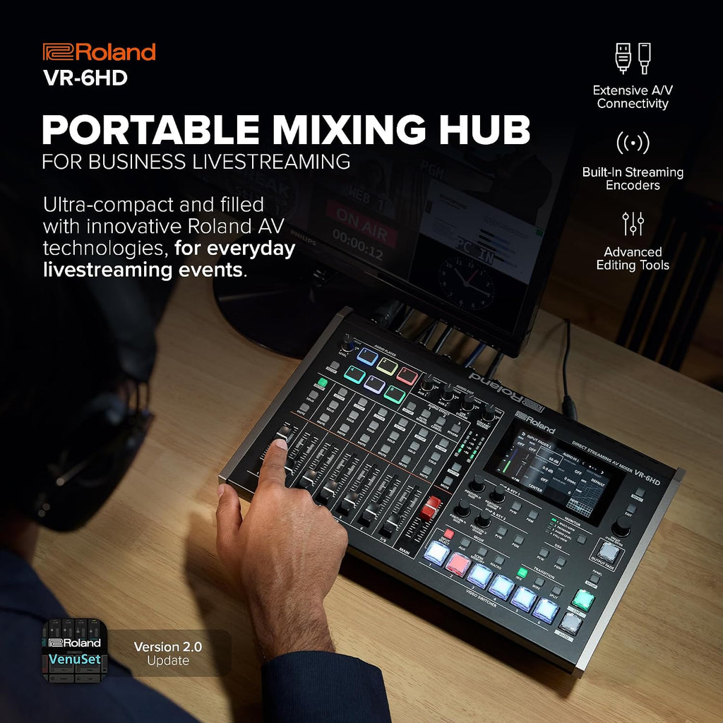 Roland VR-6HD | Ultra-compact Audio/Video Mixer with Direct Streaming Encoders | Ideal for Livestreaming | Extensive A/V Connectivity | 4.3' Touch Screen Multi-Viewer Display | Advanced Editing Tools