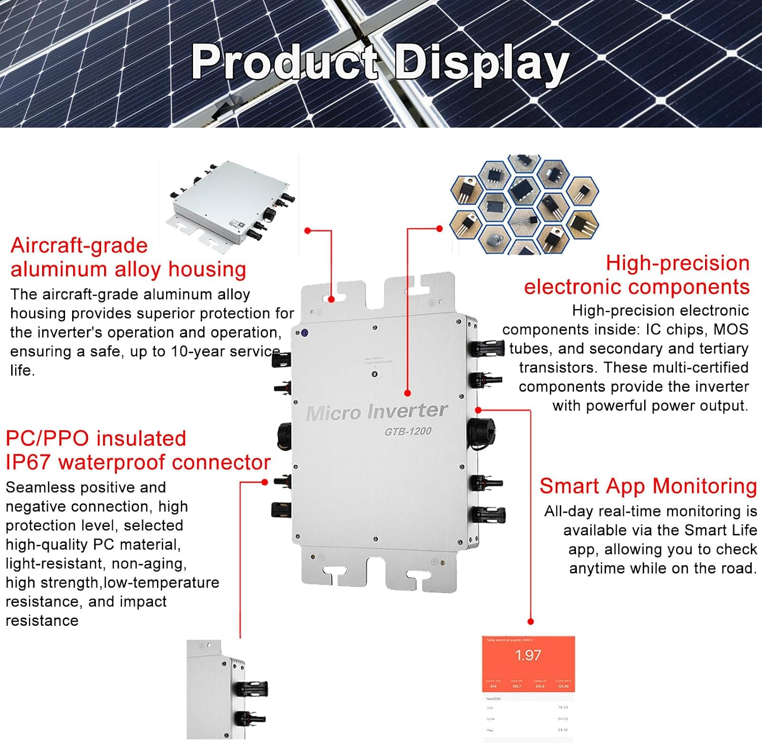 MPPT Solar Micro Inverter 2000W 2400W 2800W, DC 24V-60V to AC 120/230V, for Home Commercial Solar Panels 2000W-Grey
