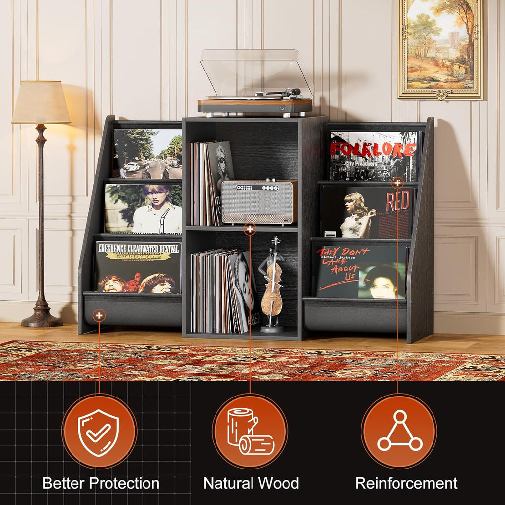 Record Player Stand, Turntable Stand with Vinyl Record Storage 300 Albums, Record Player Table with Record Holder Vinyl Display Shelf Organizer Rack, Record Player Cabinet for LP Media Stereo Audio AV