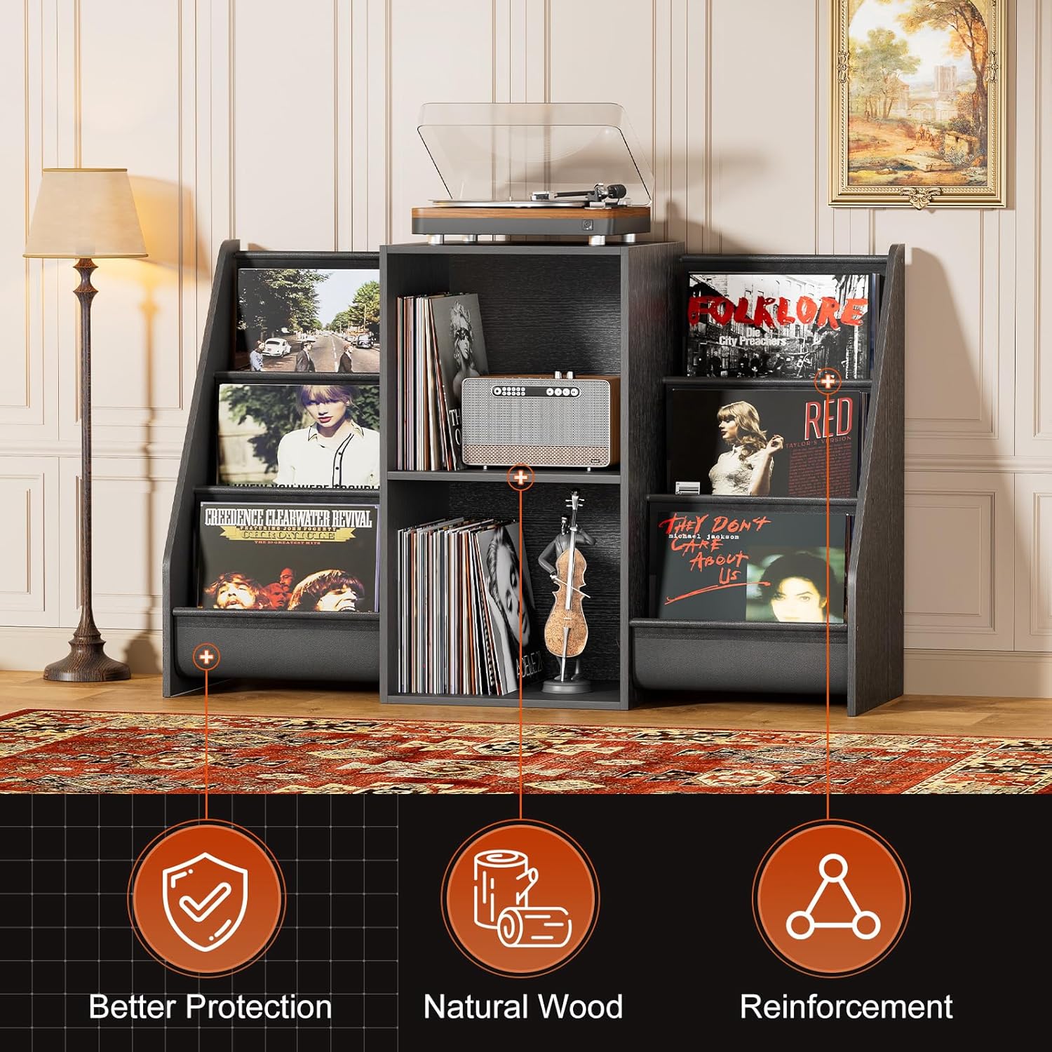 Record Player Stand, Turntable Stand with Vinyl Record Storage 300 Albums, Record Player Table with Record Holder Vinyl Display Shelf Organizer Rack, Record Player Cabinet for LP Media Stereo Audio AV