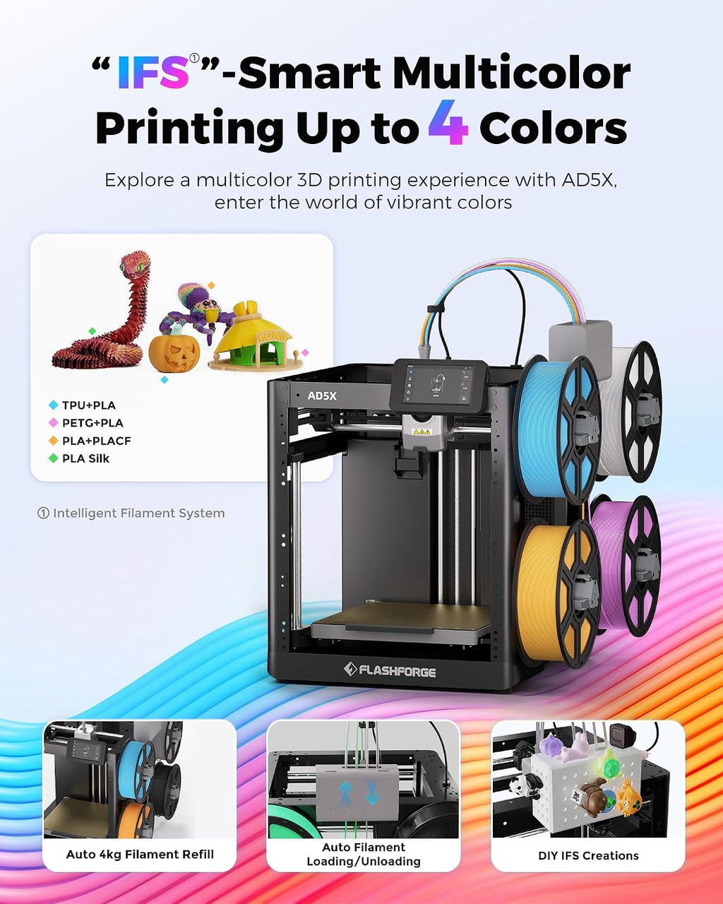 FLASHFORGE AD5X 3D Printer,Smart Multi-Color 3D Printer with IFS,Max 600mm/s High Speed 4 Colors Printing,Fully Auto Leveling,300°C Direct Extruder,for PLA-CF,PETG-CF,Print Size 220x220x220mm