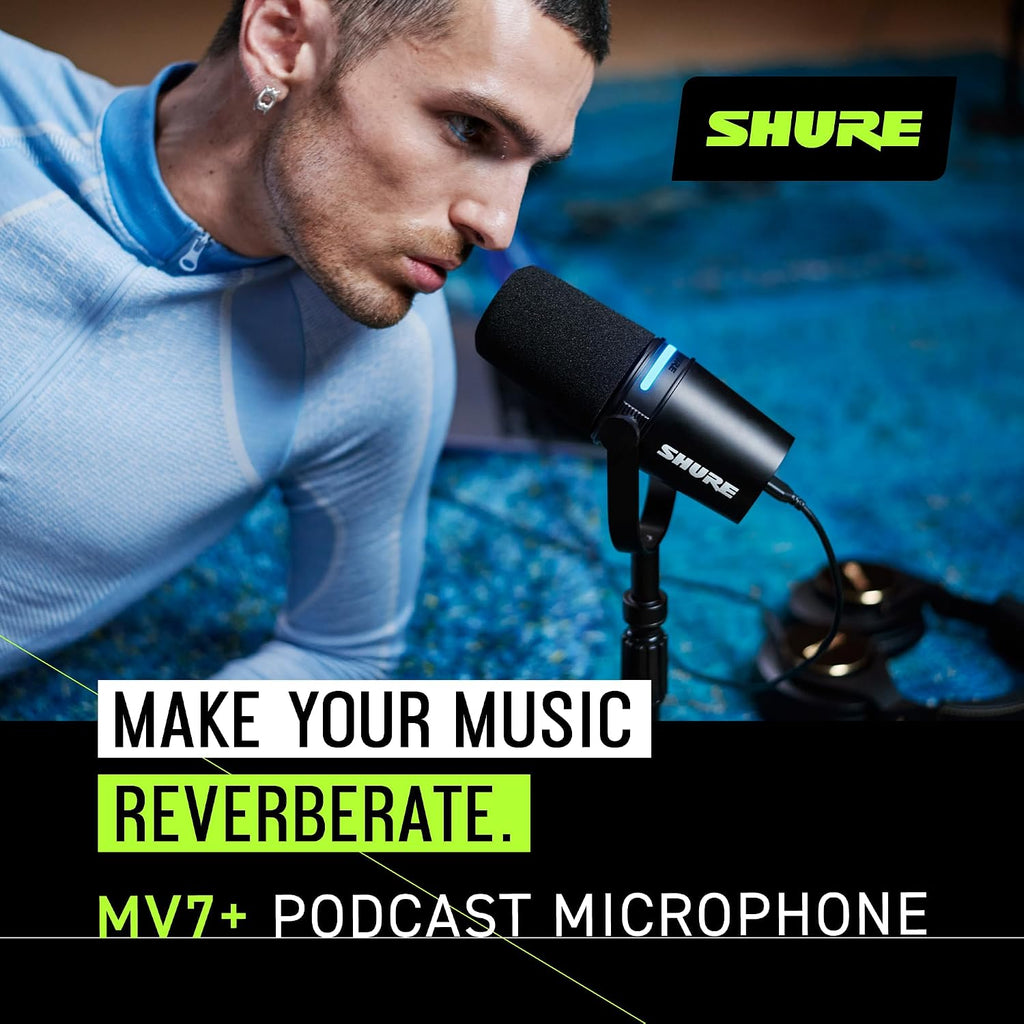 Shure MV7+ Podcast Dynamic Microphone with Stand – OBS Certified, Enhanced Audio, LED Panel, USB-C & XLR Outputs, Auto Level Mode, Digital Pop Filter – for Podcasting, Streaming, and Recording, Black