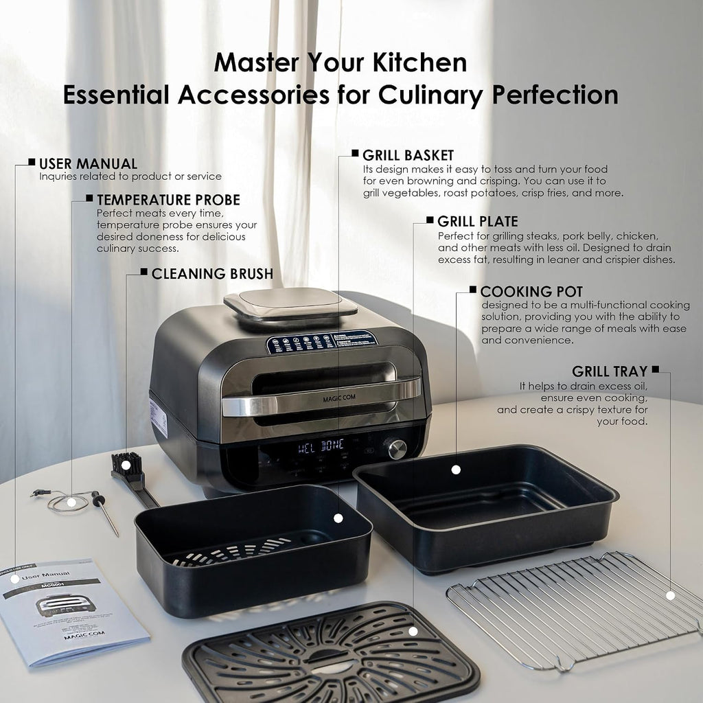 MAGiC COM Indoor Grill Air Fryer Combo, 7-in-1 Electric Grill with Steak, Roast, Air Crisp, Bake, Dehydrate, Pizza and Reheat. Smart Thermometer, Non-Stick, Dishwasher Safe/Black