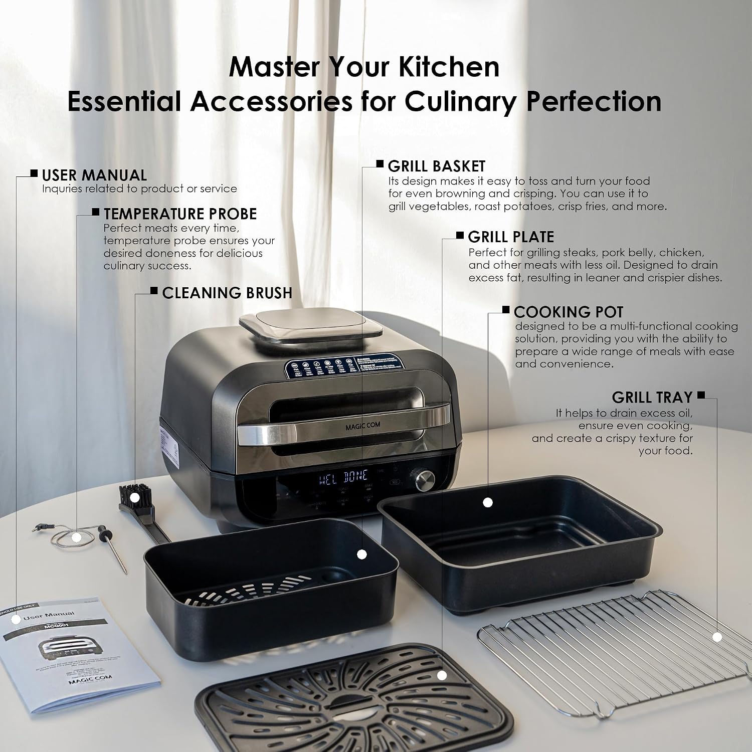MAGiC COM Indoor Grill Air Fryer Combo, 7-in-1 Electric Grill with Steak, Roast, Air Crisp, Bake, Dehydrate, Pizza and Reheat. Smart Thermometer, Non-Stick, Dishwasher Safe/Black