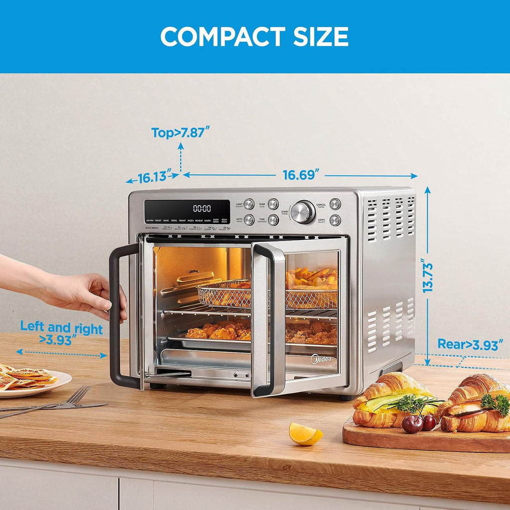 Midea Flexify Classic French Door Toaster Oven Air Fryer Combo, 10-in-1 Large Capacity 26.4 QT Countertop Oven, 25% Faster Cooking and 90% Less Oil, Stainless Steel