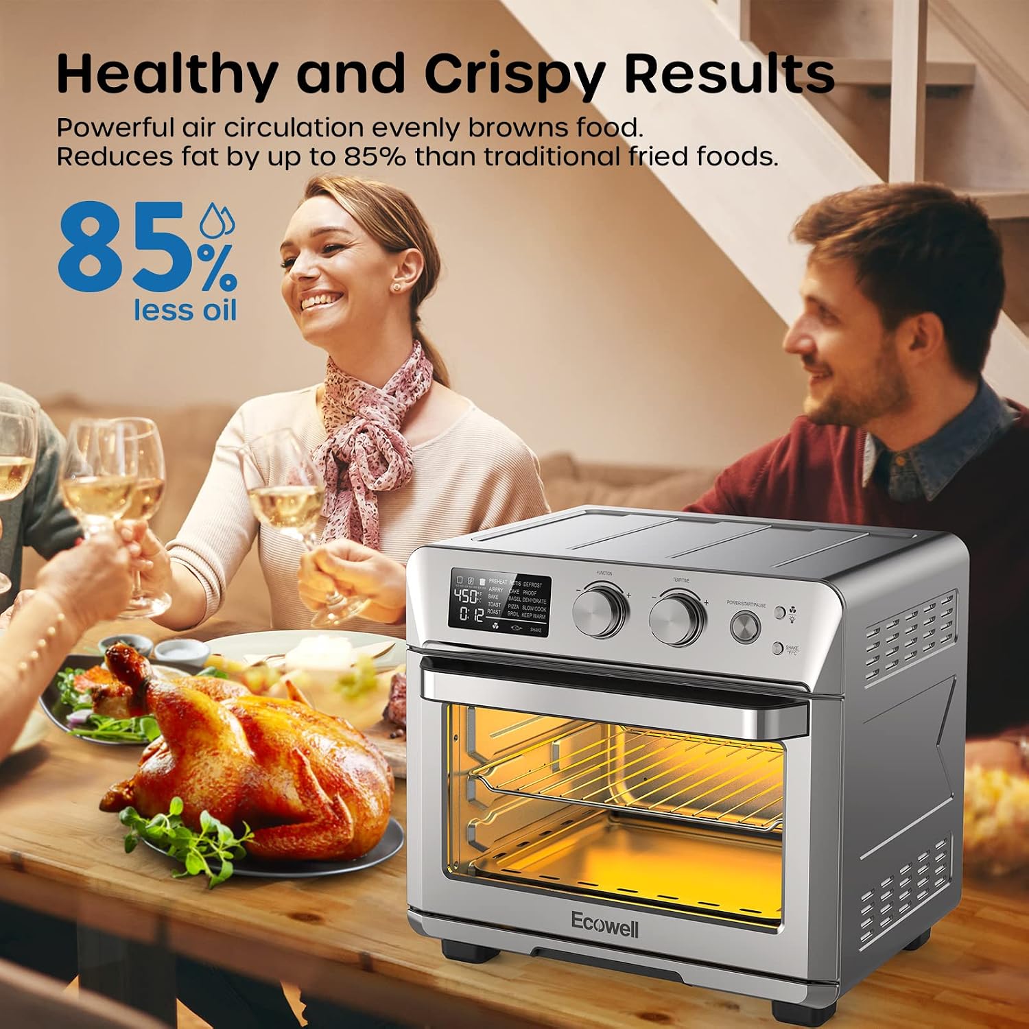 ECOWELL Air Fryer 26.4QT Chicken Fryer, 15-in-1 Air Fry/Roast/Bake/Dehydrate/Broil/Reheat, Precision 150-450°F Heating, 85% Less Oil Healthier Cooking, Dishwasher-Safe Basket & Plate for Home