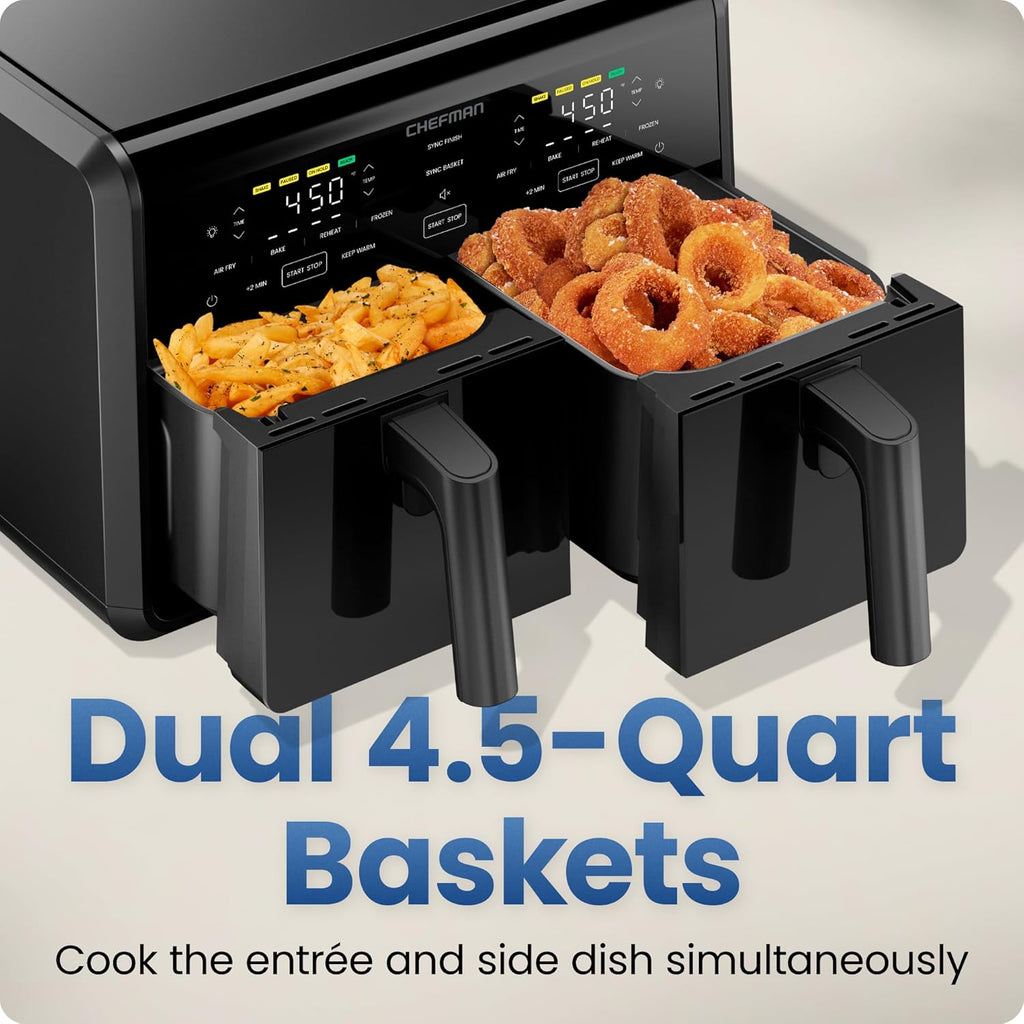 Chefman Dual Air Fryer Oven with DC Motor, 9 Qt. Double Basket Air Fryer with 450°F Max Temp for Meals in Minutes, Bake, Broil, Dehydrate, Reheat for Extra-Crispy Chicken, Fries, and More - Black