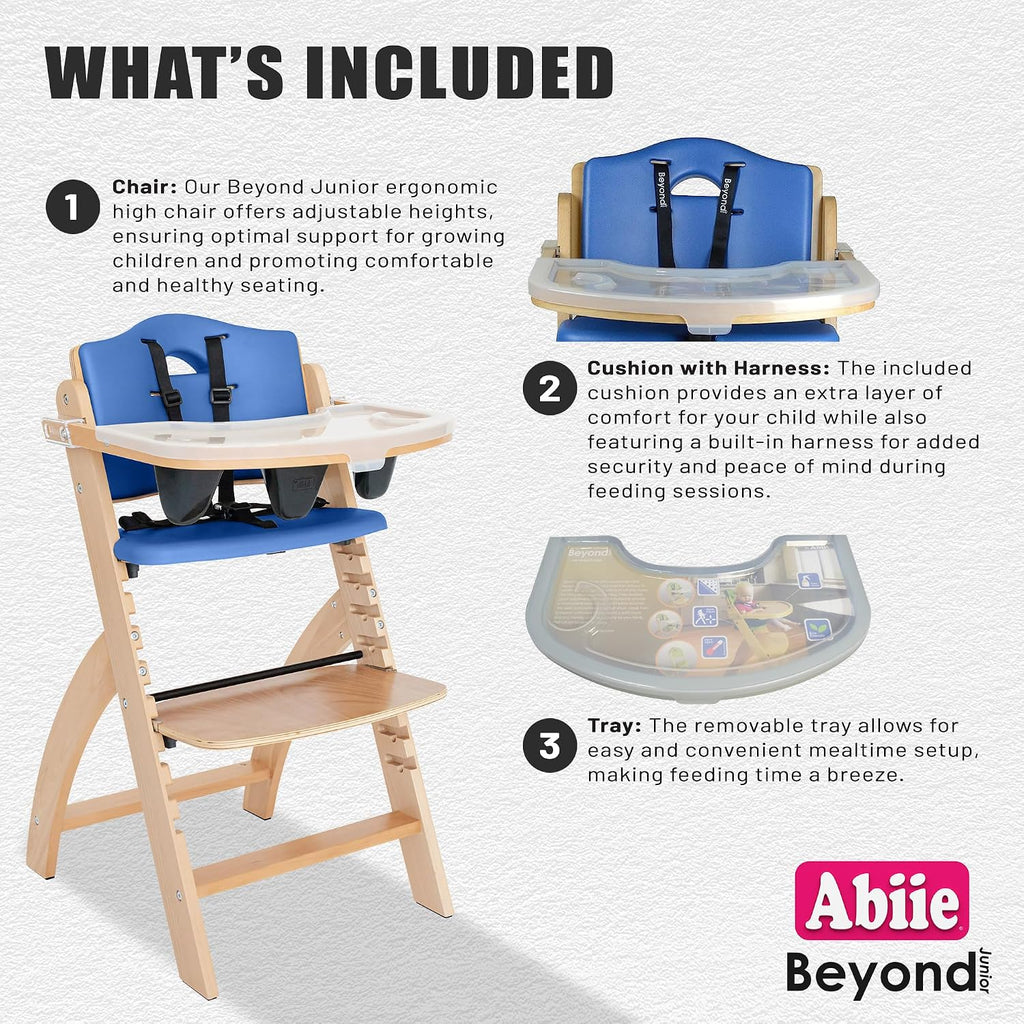 Abiie Beyond Junior Wooden High Chair for Babies and Toddlers - Convertible 3-in-1 Baby Highchair with Removable Tray - 6 Months to 250 Lb - Water Resistant - Natural Wood/Blueberry Cushion