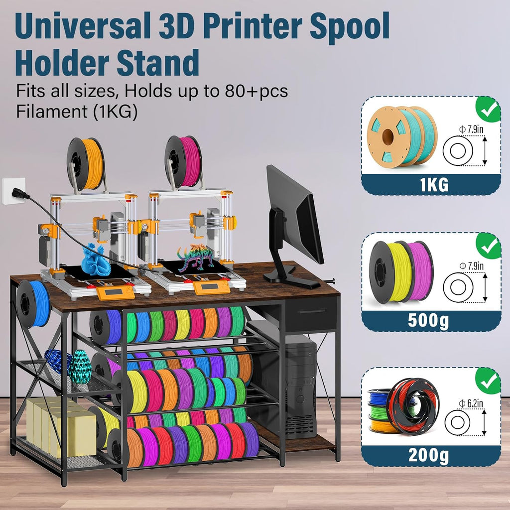 Heavy Duty 3D Printer Table with Storage, Large 4-Tier 3D Printer Stand with Power Outlet & Drawer, Sturdy Wooden Desk & Metal Filament Rack for Workshop, Home Office