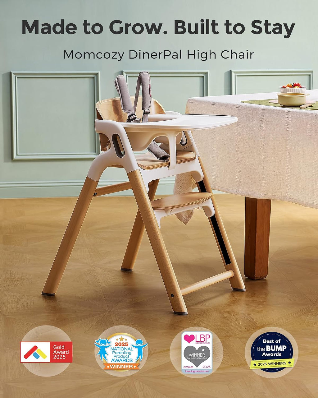 Momcozy DinerPal Wooden High Chair for Babies, Toddlers & Adults Up to 308 Lbs, Convertible Baby Highchair with Food-Grade Tray, Dishwasher-Safe, Adjustable & Ergonomic, Natural Wood