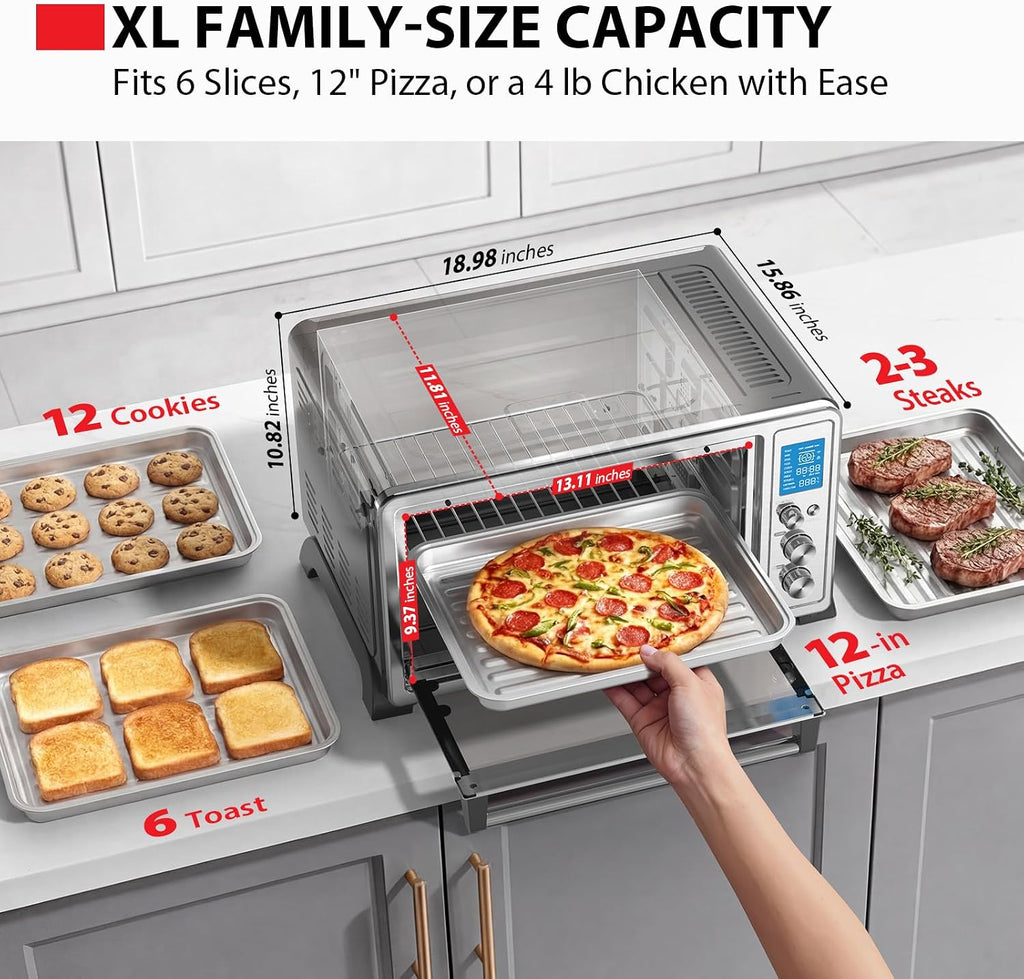 TOSHIBA 10-in-1 Convection Toaster Oven, 6-Slice Countertop Oven, 1500W with Toast, Bake, Broil, Rotisserie & Pizza Functions, LCD Knob Controls, 6 Accessories, Stainless Steel