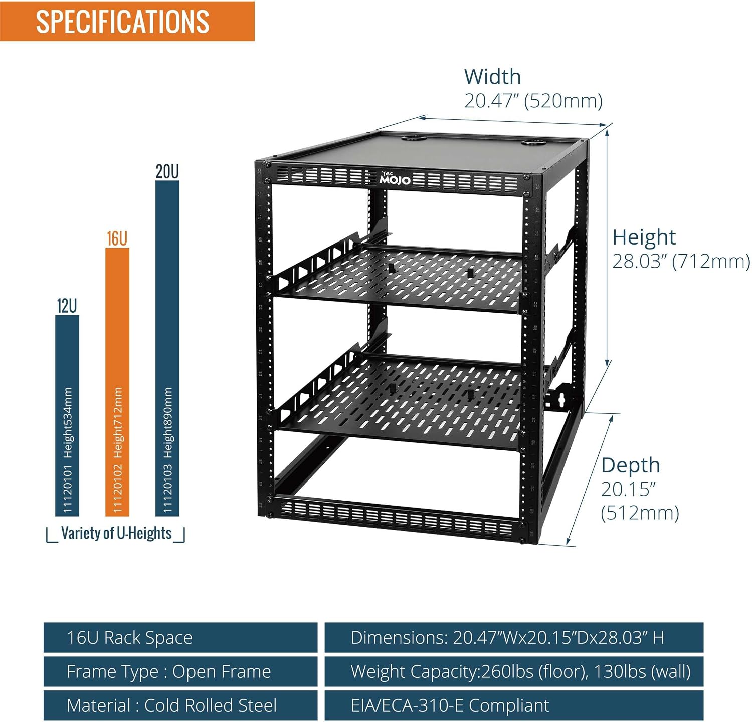 Tecmojo 16U Open Frame Network Rack for IT & AV Gear, AV Rack Floor Standing or Wall Mounted,with 2 PCS 1U Rack Shelves & Mounting Hardware,Network Rack for 19' Networking,Audio and Video Device