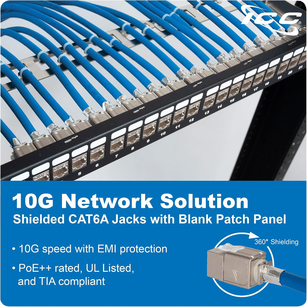ICC 24-Port CAT6A Keystone Shielded 1U Patch Panel with CAT6A Shielded Keystone Jacks, 19' Rackmount Housing and Cable Support Bar, Protects Against EMI, UL Listed PoE++ Compliant, ICMPP246AS