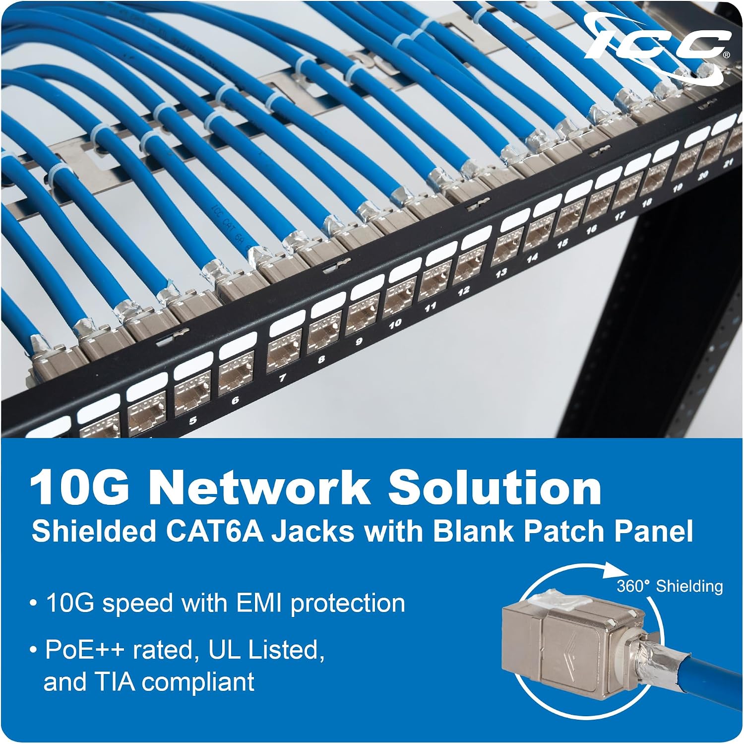 ICC 24-Port CAT6A Keystone Shielded 1U Patch Panel with CAT6A Shielded Keystone Jacks, 19' Rackmount Housing and Cable Support Bar, Protects Against EMI, UL Listed PoE++ Compliant, ICMPP246AS