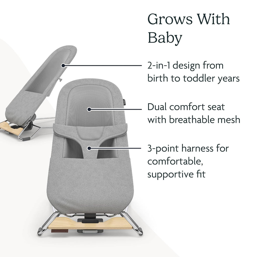 UPPAbaby Mira Bouncer/Portable 2-in-1 Bouncer + Seat Grows with Your Baby/GREENGuard® Gold, JPMA + FSC® Certified/Cozy Seat Liner + Storage Bag Included/Wells (Taupe Mélange/Black Chrome/Walnut Wood)