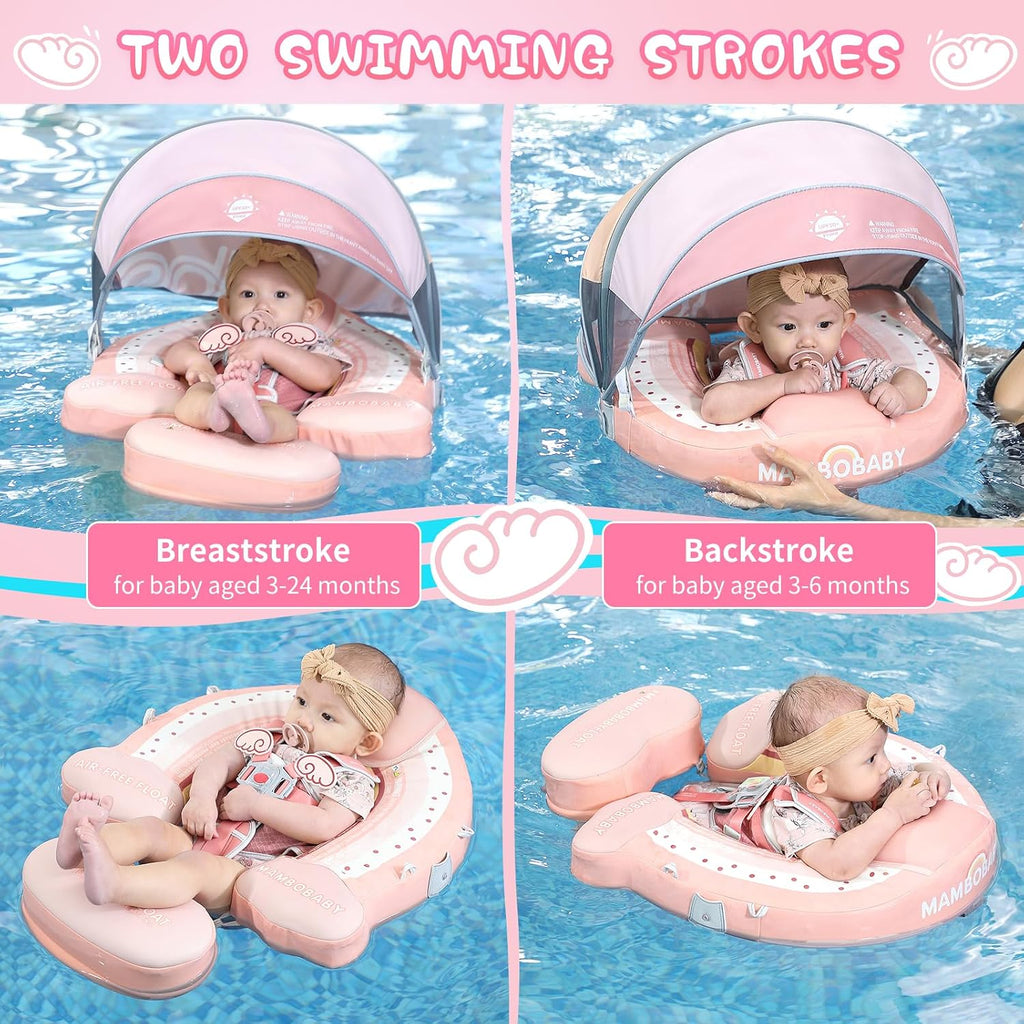Mambobaby Baby Pool Float with Removable Sun Canopy - Non Inflatable Infant Swim Float with Anti-Flip Tail Design, Waterproof & Skin-Friendly Baby Float for Swimming (3-24 Months)