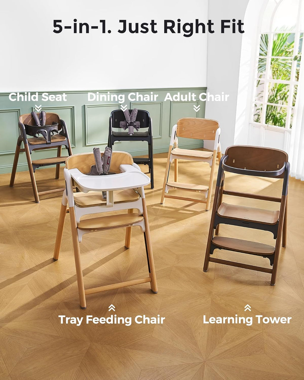 Momcozy DinerPal Wooden High Chair for Babies, Toddlers & Adults Up to 308 Lbs, Convertible Baby Highchair with Food-Grade Tray, Dishwasher-Safe, Adjustable & Ergonomic, Natural Wood