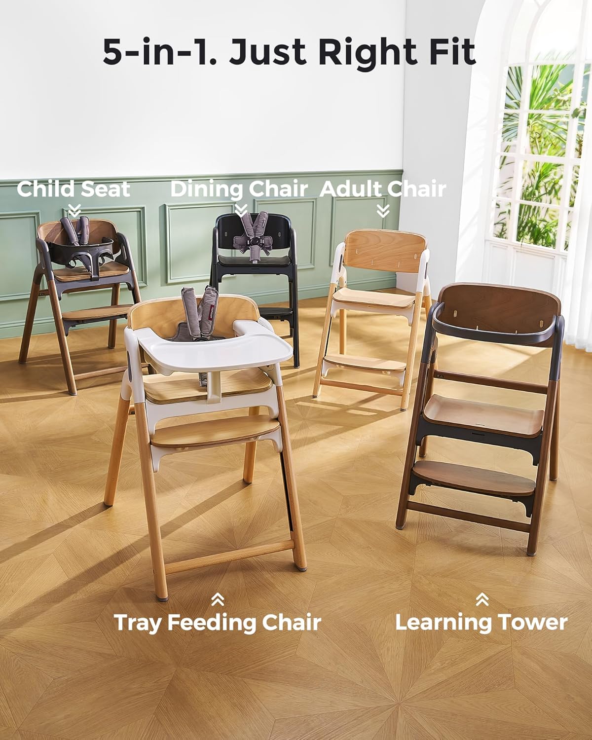 Momcozy DinerPal Wooden High Chair for Babies, Toddlers & Adults Up to 308 Lbs, Convertible Baby Highchair with Food-Grade Tray, Dishwasher-Safe, Adjustable & Ergonomic, Natural Wood