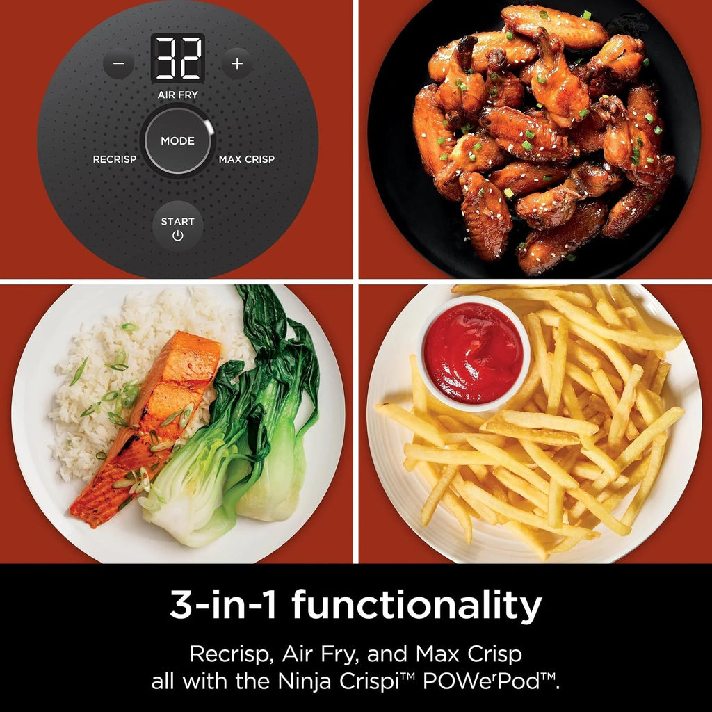 Ninja FN100WH Crispi Air Fryer, Microwave, Freezer & Dishwasher Safe, Non Toxic Glass Portable Cooking System, 4 QT & 5 Cup Glass Containers with Storage Lids, Easy Meals, White (Renewed)