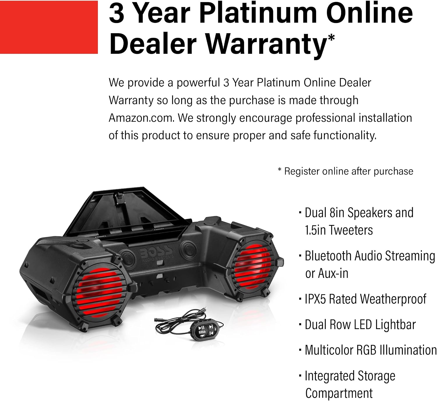 BOSS Audio Systems ATV95LRGB ATV UTV Weatherproof Sound System - 8 Inch Speakers, 1.5 Inch Tweeters, Amplified, Bluetooth Remote, LED Light Bar, Storage Compartment, Easy Installation for 12V Vehicles