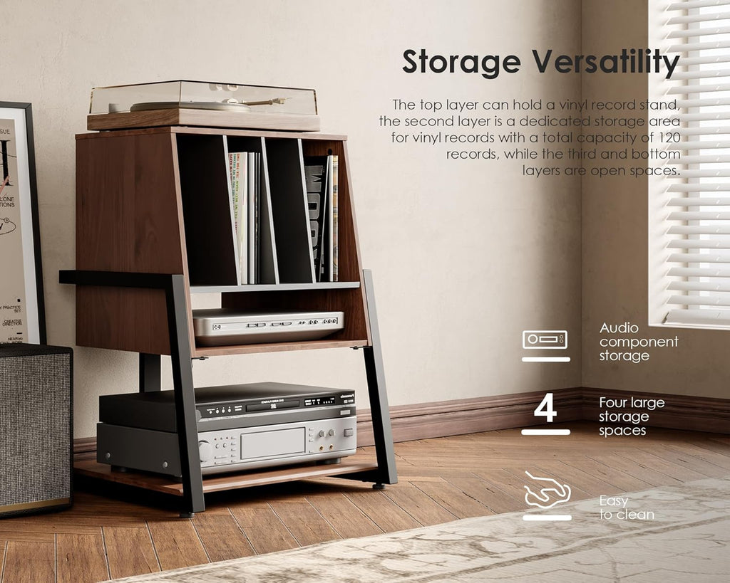 FITUEYES Design Record Player Stand with Vinyl Record Storage, Turntable Stand with Station up to 120 pcs, Small Entertainment Center for Living Room, Eiffel Series
