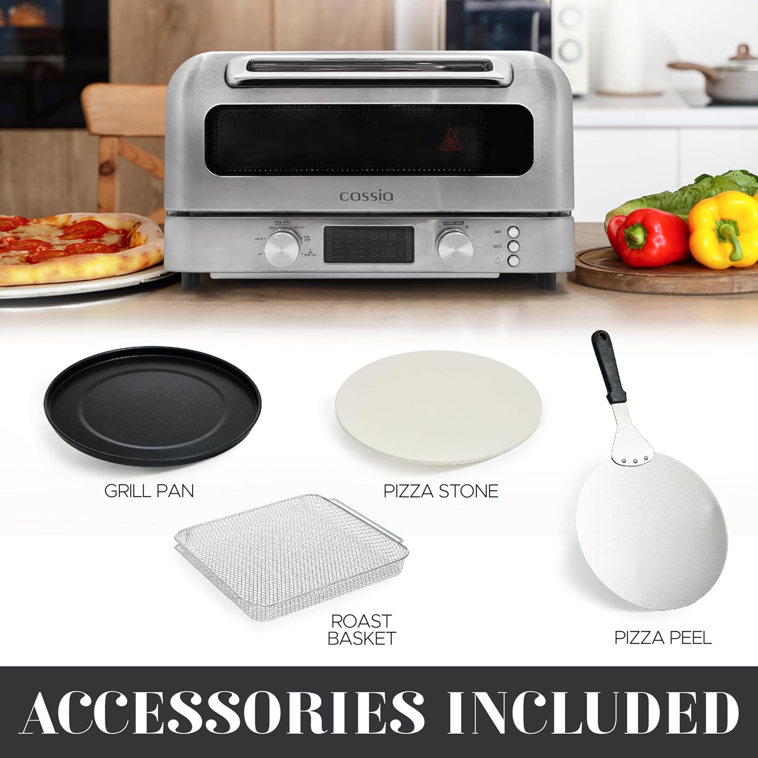 Cassia Countertop Electric Air Fryer Pizza Oven, 12' Capacity, 20L, 1800W, Heats up to 750°F, 16 Presets, Includes Pizza Stone, Peel, Fry Basket, Stainless Steel