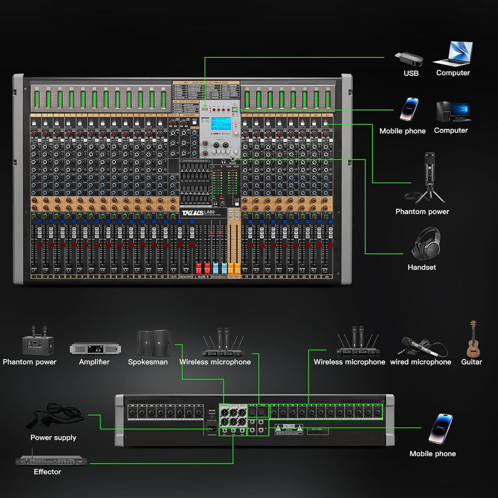 24 Channel Multi-Input Audio Mixer, High Capacity Mixing Console with USB Interface, 99 DSP Effects, 48V Phantom Power, XLR Inputs for Complex Audio Setup
