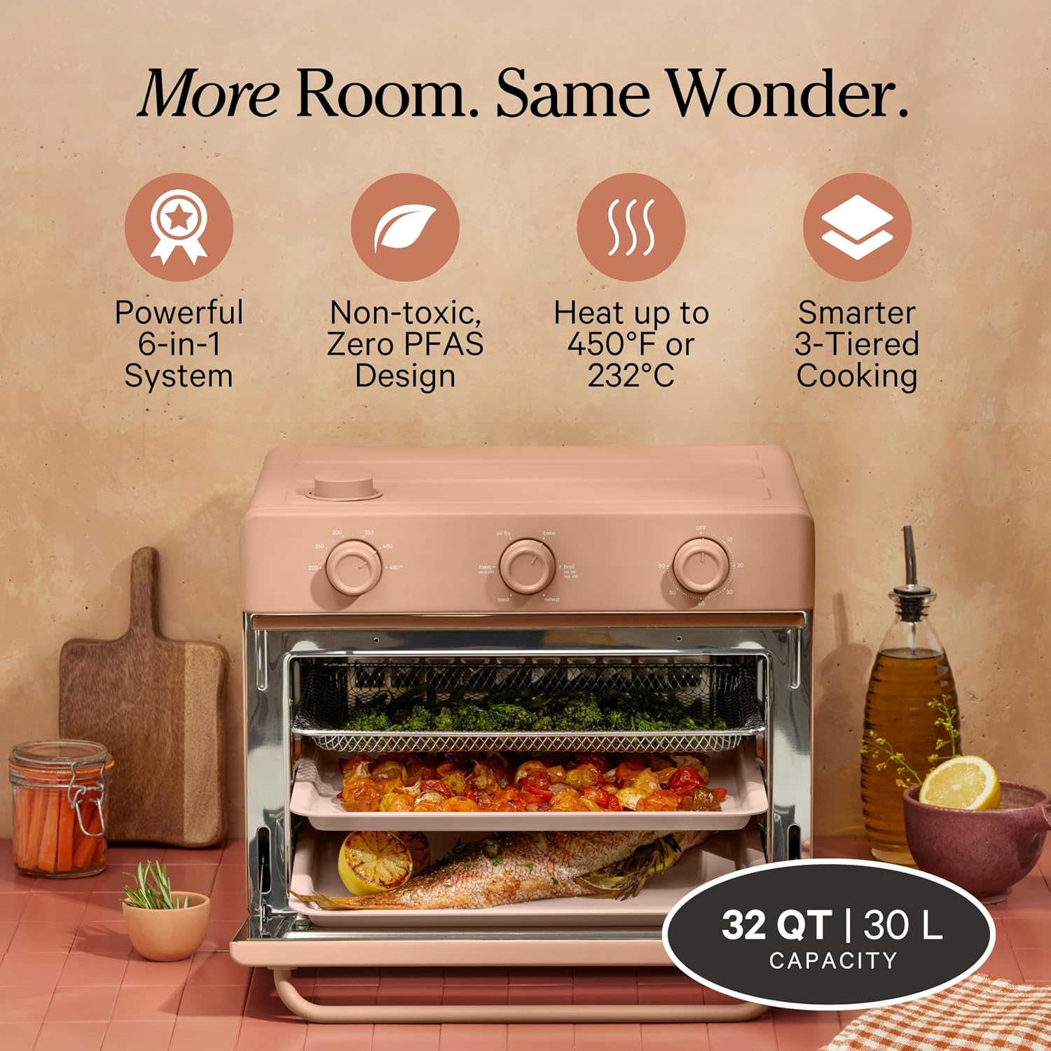 Our Place Large Wonder Oven | 6-in-1 Stainless Steel Air Fryer Toaster Oven Combo with Basket, Rack, Pan & Tray | 3-Rack, 31.7 QT, Large Capacity - Toast, Roast, Bake, Reheat, Broil & Steam | Spice