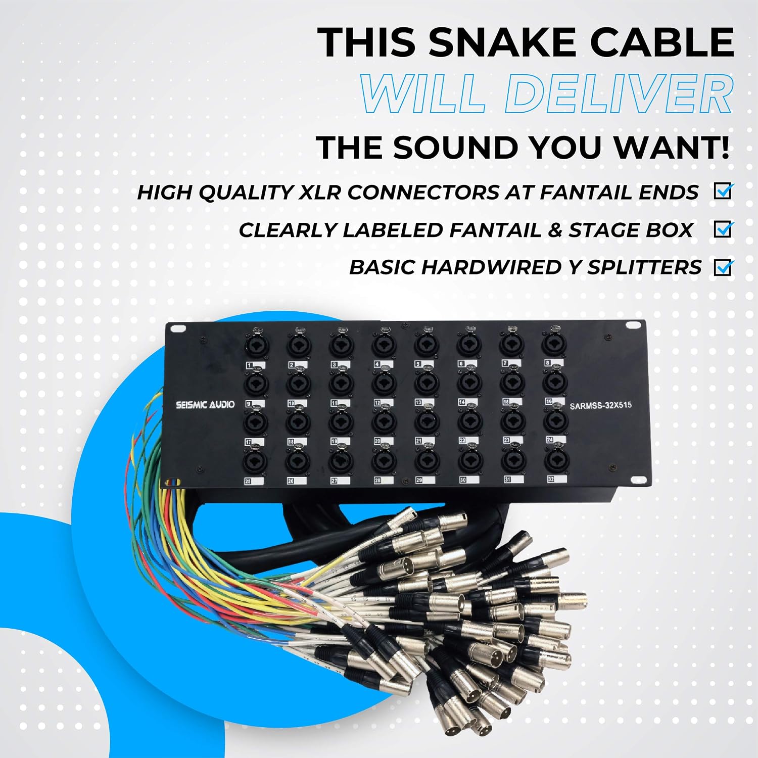 Seismic Audio Speakers Rack Mount 32 Channel XLR TRS Combo Splitter Snake Cable, 5' And 15' XLR Trunks, 32 Channel Splitter