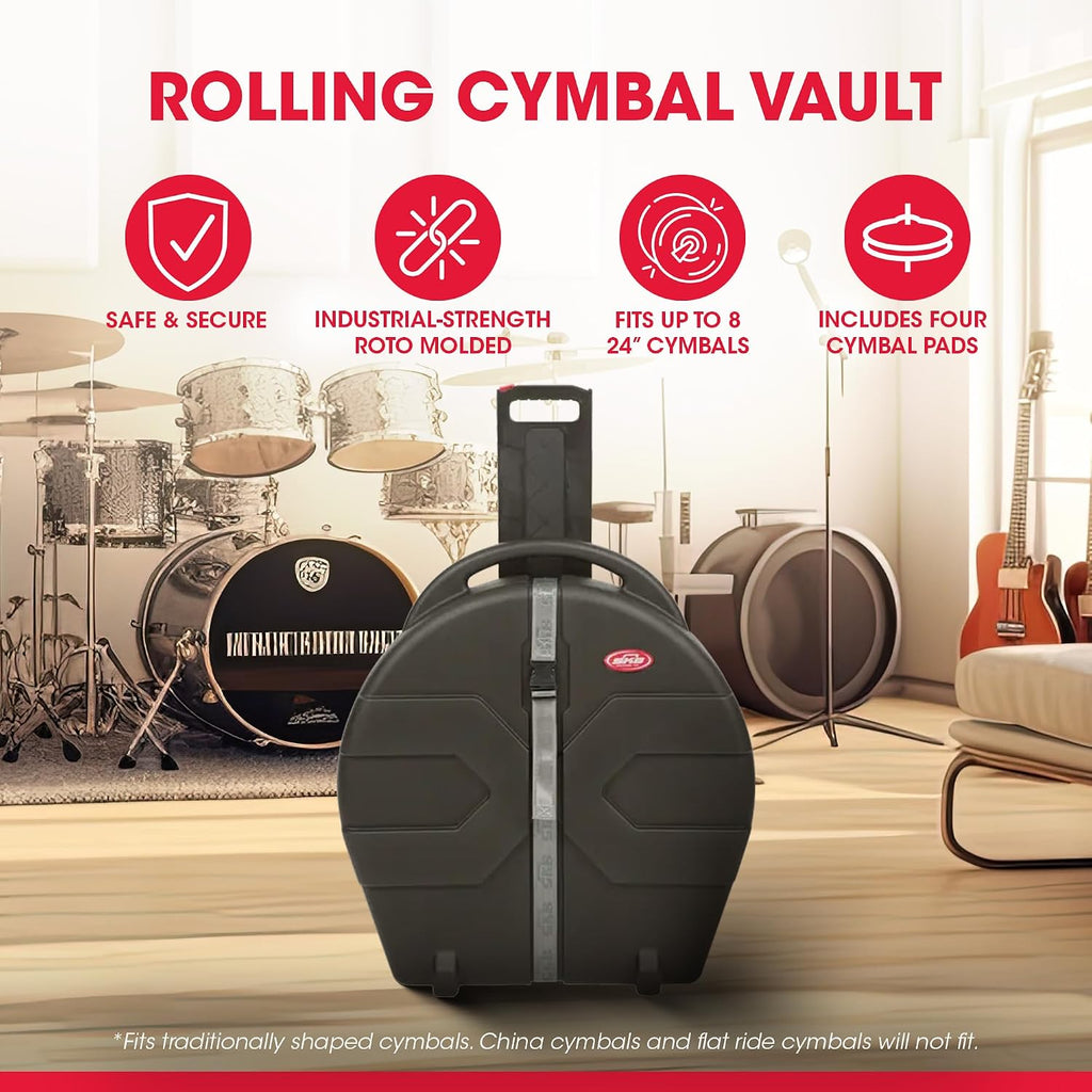 SKB ATA 24 Inch Cymbal Vault, Durable Roto-Molded Polyethylene Rolling Case with Handle, Wheels and Padded Dividers, Holds Up to 8 Cymbals, Black