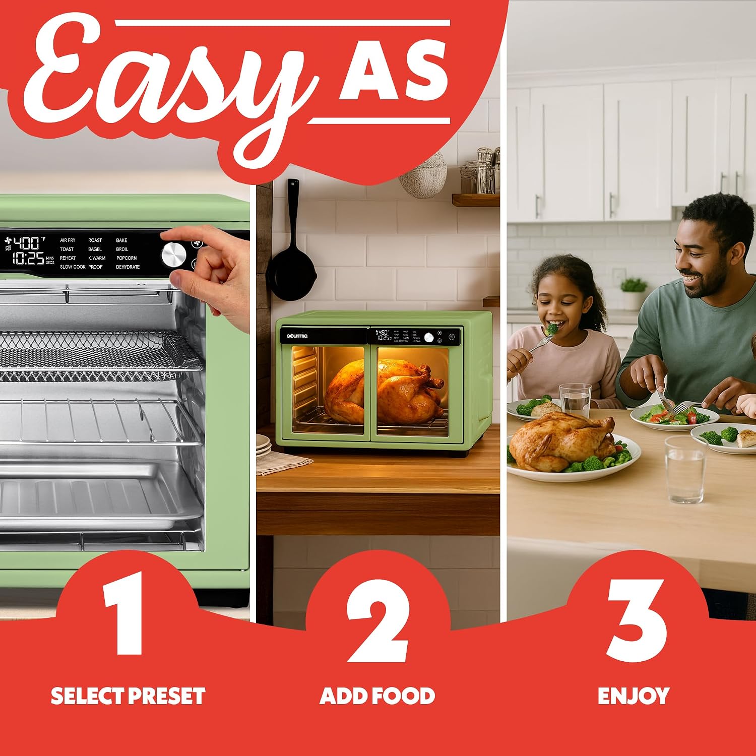 Gourmia French Door Air Fryer Oven - 37 Qt Large Capacity Convection Toaster Oven, FryForce 360°, Digital Display, 12 Cooking Presets, Dehydrate, Fits 13' Pizza, Dishwasher-Safe, Green