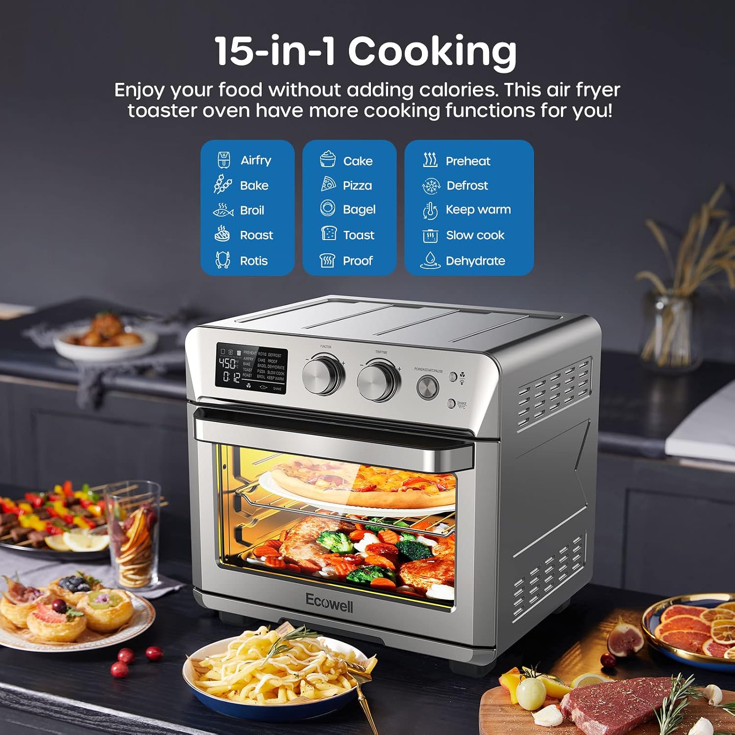 ECOWELL Air Fryer 26.4QT Chicken Fryer, 15-in-1 Air Fry/Roast/Bake/Dehydrate/Broil/Reheat, Precision 150-450°F Heating, 85% Less Oil Healthier Cooking, Dishwasher-Safe Basket & Plate for Home