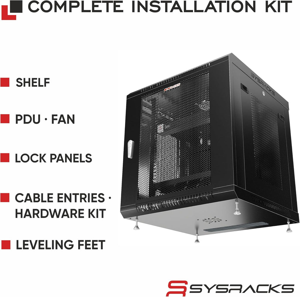 Sysracks 12U Wall Mount Server Rack Cabinet, 19' Enclosed Network & IT Rack, 24' Deep, Locking Mesh Door