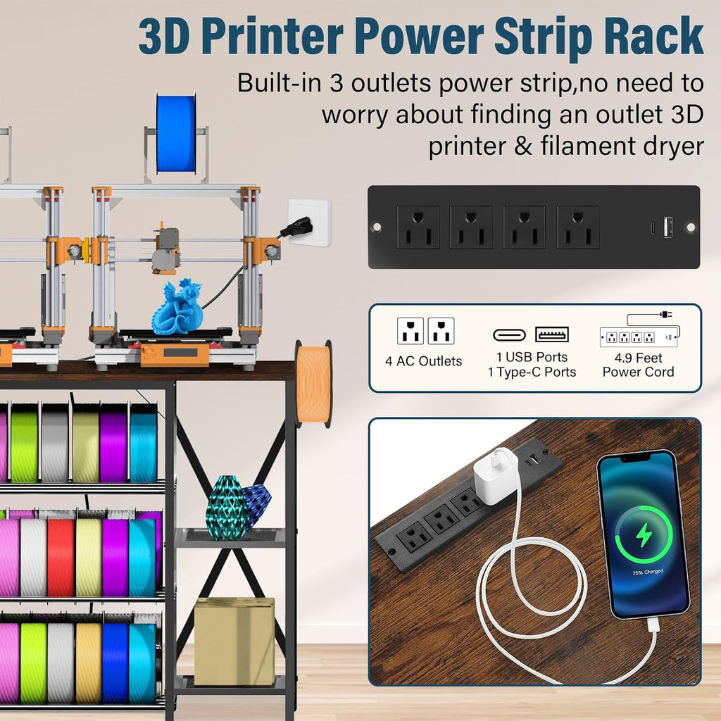 Heavy Duty 3D Printer Table with Storage, Large 4-Tier 3D Printer Stand with Power Outlet & Drawer, Sturdy Wooden Desk & Metal Filament Rack for Workshop, Home Office